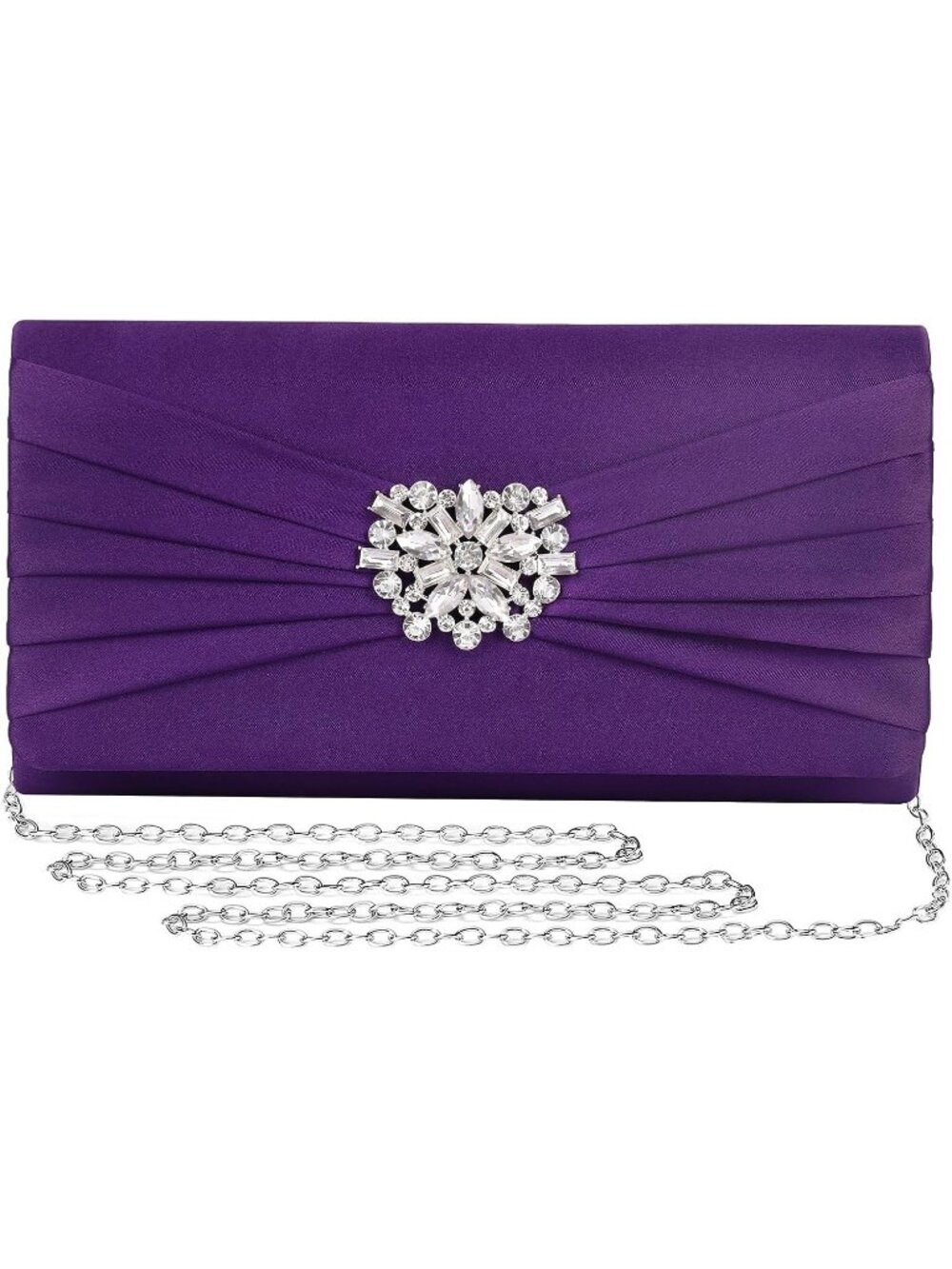 Womens Purple Satin Rhinestone Clutch Prom Detachable Chain Evening Bag